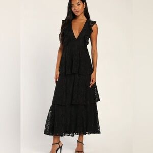 NWT - Lulu’s Molinetto Black Lace Ruffled Tiered Sleeveless Maxi Dress